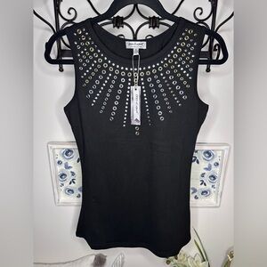 Elegant Black Studded Tank Top with gold & silver embellishments